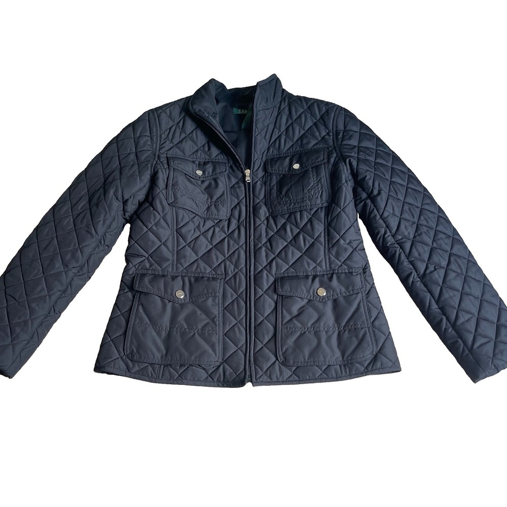 Ralph Lauren Women Quilted Barn Jacket Size Medium Black Equestrian Gold Snaps